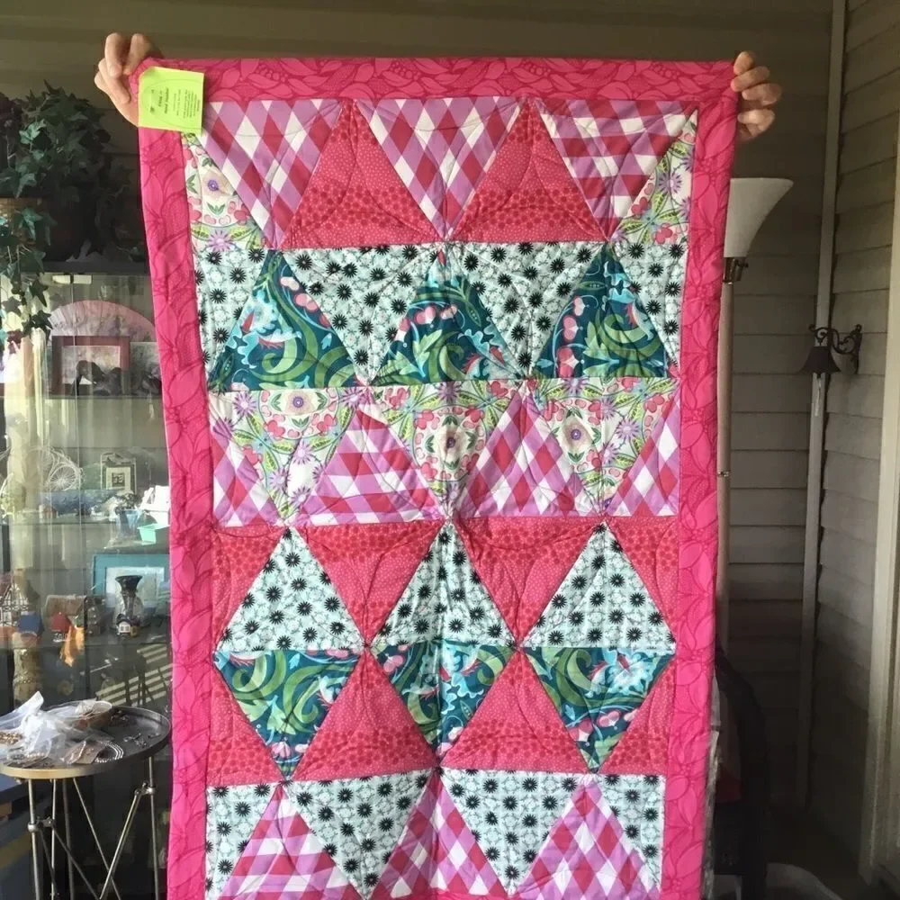 Hand Crafted Pink, Green, Teal & White Patchwork Quilt